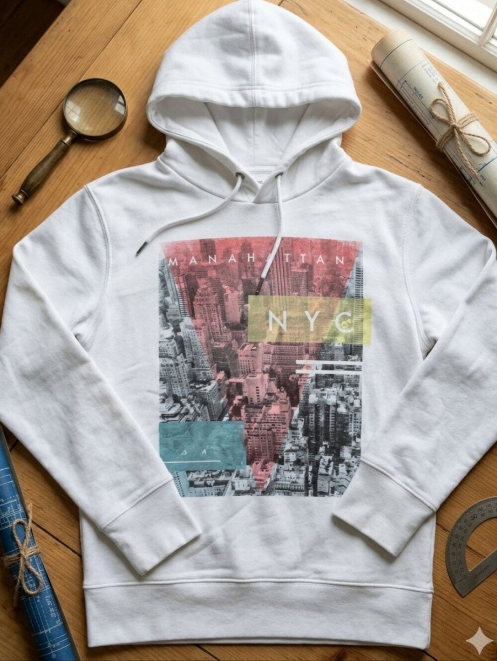 Aéropostale Men's Manhattan NYC Photo Pullover Hoodie White Graphic